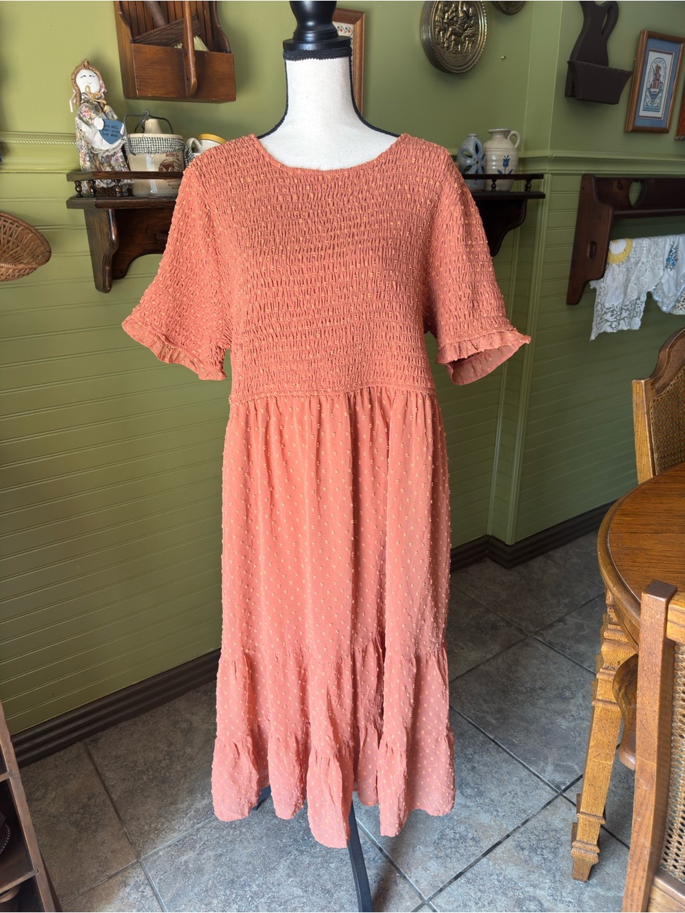 POLAGRAM Smocked Swiss Dot Midi Dress – Size 2X – Terracotta/Rust